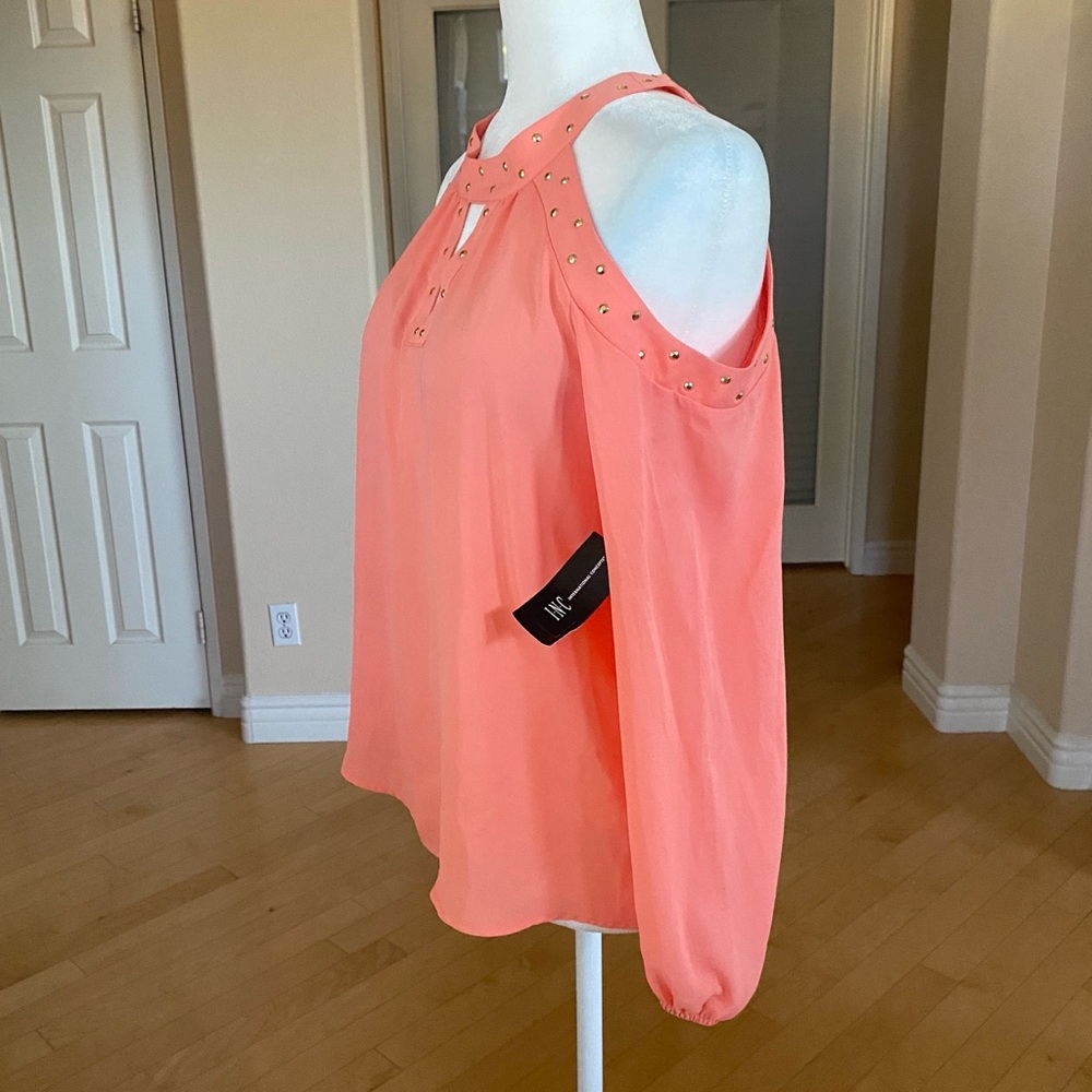 INC Keyhole Cold Shoulder Gold Studded Peach Blouse $69